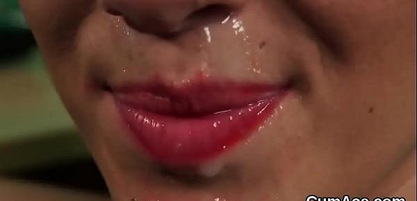  Horny beauty gets cum load on her face gulping all the cream